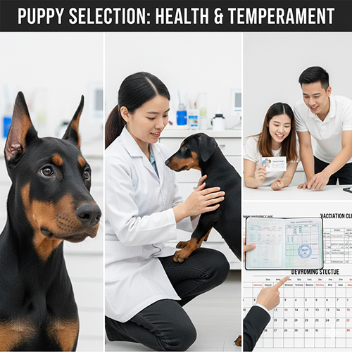 Ba cảnh: Doberman con, bác sĩ thú y kiểm tra sức khỏe và cặp đôi xem sổ tiêm cùng lịch tẩy giun