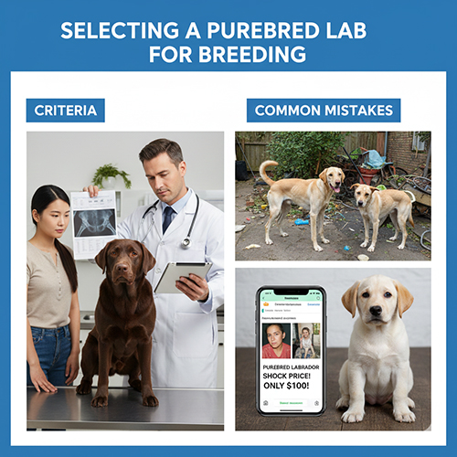 Ảnh minh họa tiêu chí chọn chó giống Labrador: kiểm tra sức khỏe, tránh nhầm với chó lai và cảnh báo tin rao giá rẻ.
