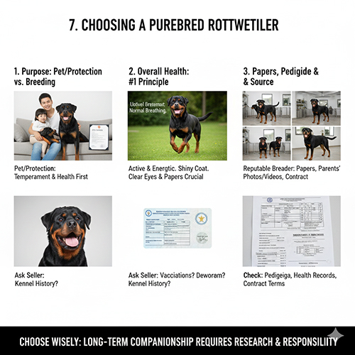 Infographic hướng dẫn cách chọn chó Rottweiler thuần chủng: mục đích nuôi, sức khỏe tổng thể và giấy tờ – nguồn gốc.
