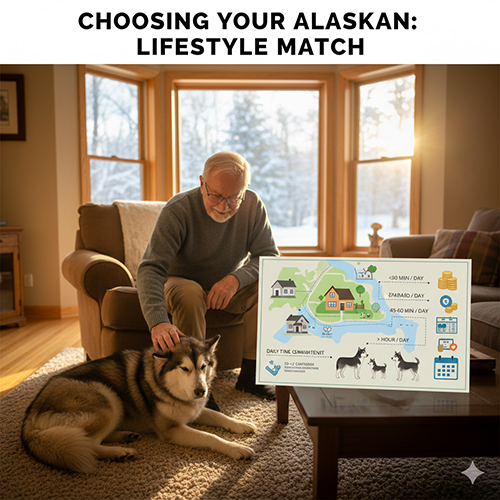 Người lớn tuổi ngồi cạnh chó Alaska trong phòng khách, minh họa việc chọn dòng chó Alaska phù hợp với lối sống gia đình