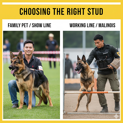 Ảnh so sánh hai kiểu đực giống Becgie: dòng gia đình/show và dòng working/Malinois để minh họa cách chọn stud phù hợp mục tiêu phối giống.