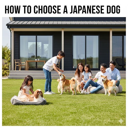 Gia đình vui đùa với các giống chó Nhật Bản như Shiba Inu và chó Nhật xù trên bãi cỏ xanh trước ngôi nhà hiện đại