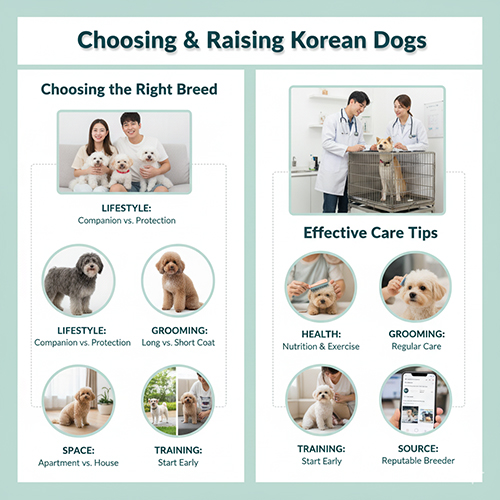 Hướng dẫn chọn giống và chăm sóc chó Hàn Quốc, gồm các yếu tố lối sống, không gian sống, kiểu lông, huấn luyện và chăm sóc sức khỏe