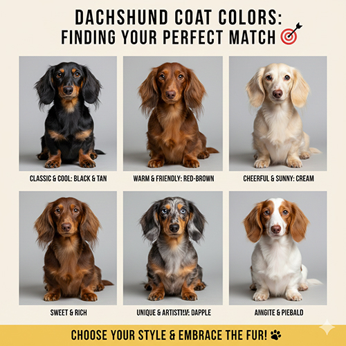 Gợi ý chọn màu lông chó Lạp xưởng phù hợp: đen, nâu đỏ, kem, loang và piebald