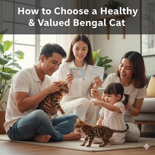 Gia đình trẻ chơi đùa cùng hai chú mèo Bengal trong phòng khách, cầm sổ tiêm và giấy chứng nhận sức khỏe