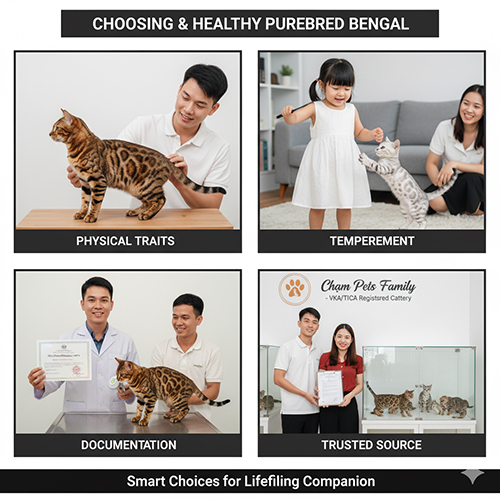 Bác sĩ và gia đình kiểm tra mèo Bengal thuần chủng tại trại Cham Pets Family – minh họa cách chọn mèo khỏe và đúng chuẩn