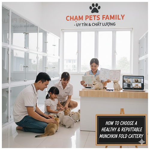 Gia đình chọn mèo Munchkin Fold tại trại Chạm Pets Family, kiểm tra sổ tiêm và sức khỏe, nhân viên tư vấn trực tiếp