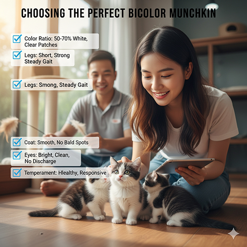 Cách chọn mèo Munchkin Bicolor chuẩn đẹp – form cân đối, màu đối xứng và tính cách lanh lợi
