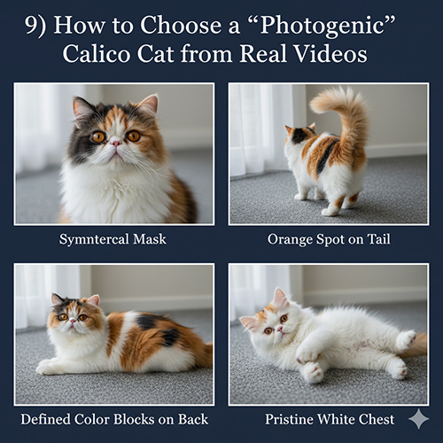 Bốn góc quay mèo Ba Tư tam thể gồm mask mặt, đuôi có đốm cam, block lưng và ngực trắng sạch để chọn bé “ăn ảnh”