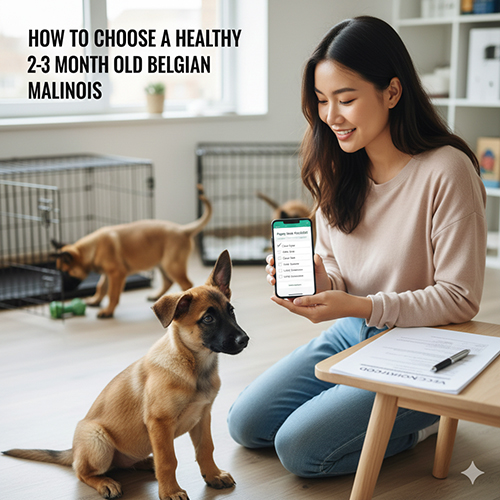 Người phụ nữ cầm điện thoại xem danh sách chó con, phía dưới là chó Becgie Bỉ con 2–3 tháng đang ngồi, xung quanh có chuồng và đồ dùng thú cưng.