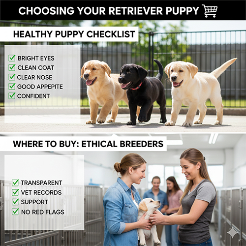 Infographic chọn mua Retriever con: checklist chó con khỏe mạnh và gợi ý nơi mua uy tín minh bạch