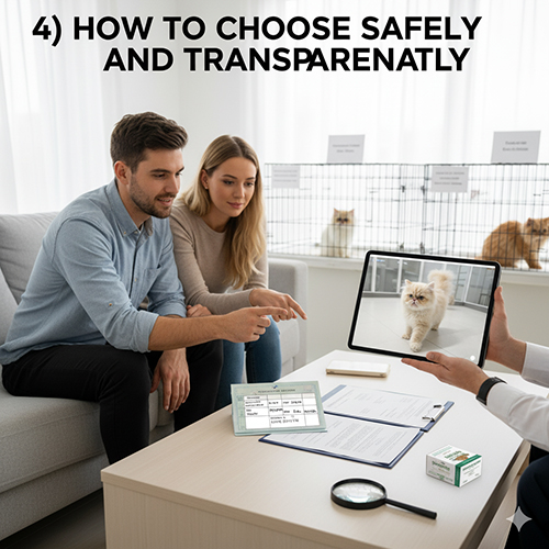 Cặp đôi đang xem mèo qua video và đọc hợp đồng mua bán trong phòng có nhiều mèo đang được chăm