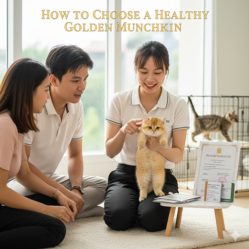 Nhân viên tư vấn đang bế bé mèo Munchkin Golden trước cặp đôi khách hàng, bên cạnh là giấy bảo hành sức khỏe – khung cảnh minh họa quá trình chọn mua mèo khỏe mạnh.