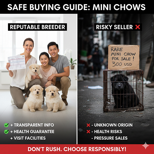 So sánh nơi bán chó Chow Chow mini uy tín và người bán rủi ro, minh họa dấu hiệu an toàn và cảnh báo khi mua