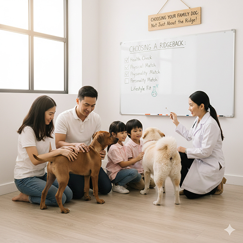 Bác sĩ thú y tư vấn cho gia đình có trẻ nhỏ đang vuốt ve chó xoáy và chó lông xù trong phòng khám, minh họa cách chọn nuôi chó xoáy phù hợp với gia đình 🐾