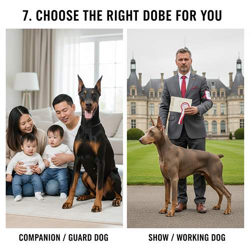 Ảnh minh họa hai phân khúc Doberman: dòng pet – trông nhà và dòng show/working chuyên nghiệp