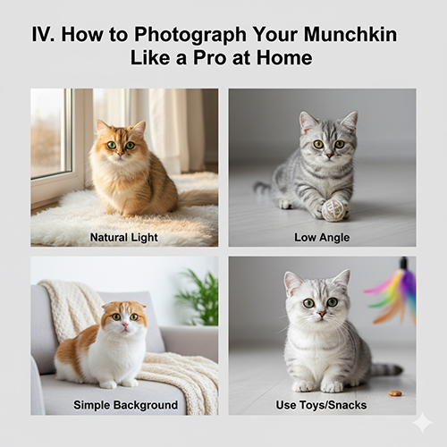 Bộ ảnh hướng dẫn chụp mèo Munchkin tại nhà: dùng ánh sáng tự nhiên, góc thấp, nền đơn giản và đồ chơi thu hút mèo.