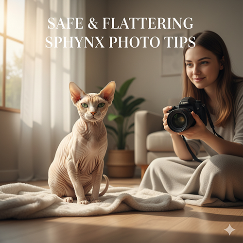 Ba góc chụp khác nhau của mèo Sphynx gồm macro, bán thân và toàn thân trong ánh sáng cửa sổ