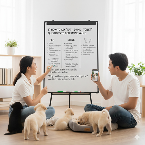 Cặp đôi trẻ cùng bốn chú chó con trước bảng hướng dẫn cách đặt câu hỏi về ăn, uống và toilet để đánh giá giá trị chó cỏ con.