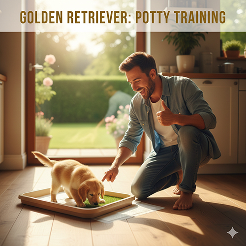 Chó Golden con được chủ hướng dẫn đi vệ sinh trên khay cỏ trong bếp, được khen ngợi khi làm đúng chỗ.