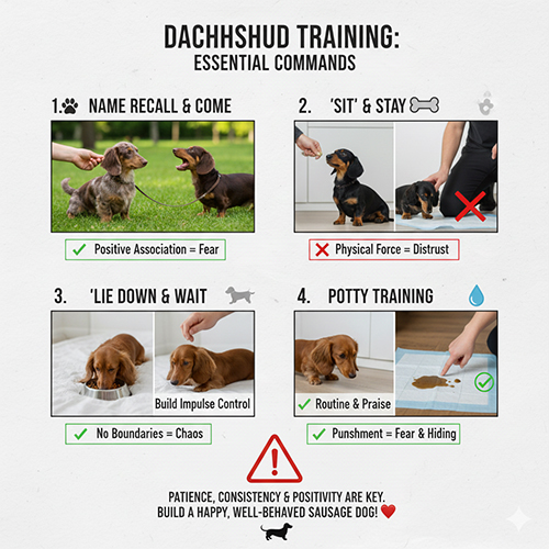 Infographic hướng dẫn cách dạy chó Lạp xưởng các lệnh quan trọng như gọi tên, lại đây, ngồi, nằm yên và đi vệ sinh đúng chỗ.