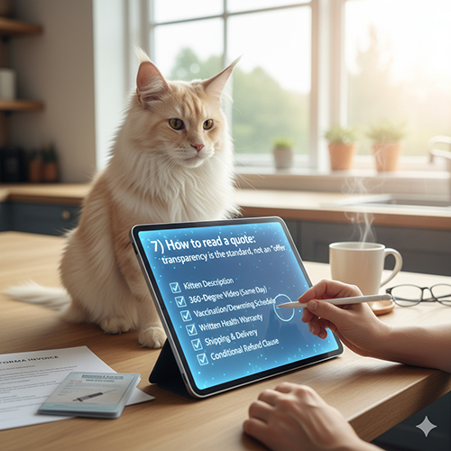 Ảnh minh họa cách đọc báo giá mèo Maine Coon với checklist minh bạch trên màn hình tablet và mèo ngồi bên cạnh.