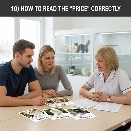 Cặp đôi trao đổi với người bán về giá mèo Ba Tư lai qua các thẻ thông tin từng bé