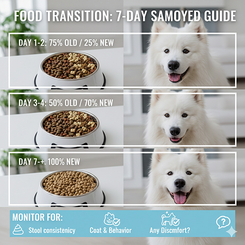 Hướng dẫn đổi thức ăn cho chó Samoyed trong 7 ngày để tránh rối loạn tiêu hóa