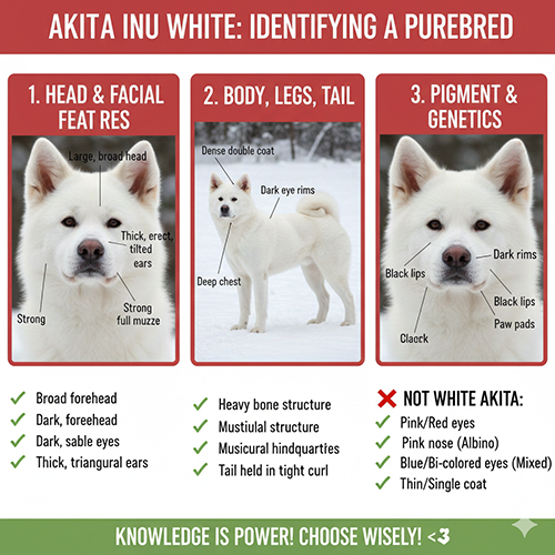 Bảng hướng dẫn nhận biết Akita Inu trắng thuần chủng qua form đầu, thân, đuôi và sắc tố