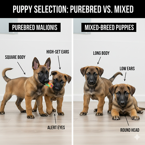 So sánh chó Becgie Bỉ con thuần chủng và chó con lai để minh họa form xương, đầu và tai