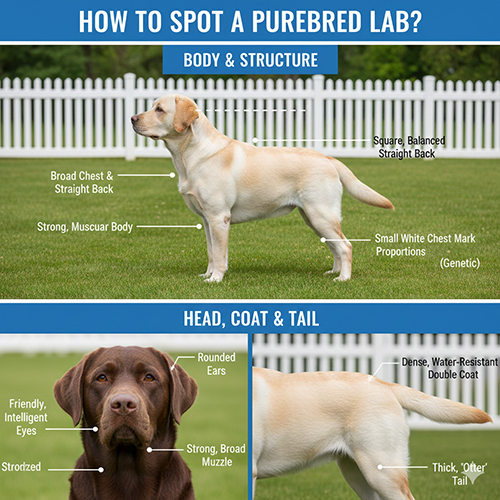 Ảnh minh họa các đặc điểm ngoại hình của Labrador thuần chủng: thân hình vững, ngực nở, lưng thẳng, đầu rộng, mắt hiền, tai cụp và đuôi rái cá.