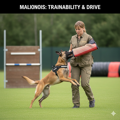 Chó Malinois đang tập luyện với huấn luyện viên, minh họa sự tập trung và drive mạnh của giống thuần chủng