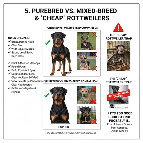 Infographic so sánh chó Rottweiler thuần chủng với Rott lai và cảnh báo về Rottweiler giá rẻ dễ gặp rủi ro.