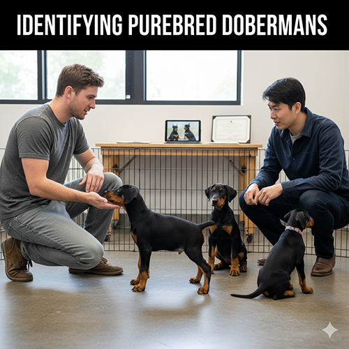 Người nuôi đang quan sát và kiểm tra đàn Doberman con để nhận biết dấu hiệu thuần chủng cơ bản