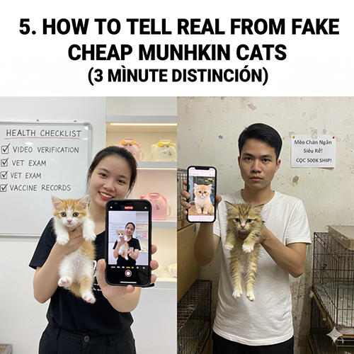 Hai người cầm mèo Munchkin; bên trái mở video call chứng minh mèo thật, bên phải chỉ ảnh quảng cáo giá rẻ; nền có checklist sức khỏe, minh họa cách phân biệt trong 3 phút.