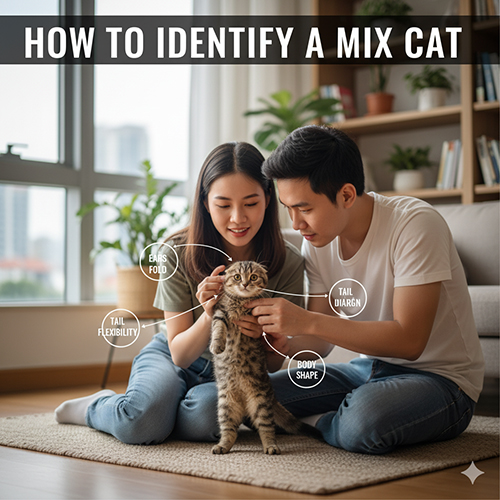 Cặp đôi trẻ ngồi trên sàn nhà, quan sát và chỉ vào các đặc điểm của một chú mèo vằn xám để nhận biết mèo tai cụp lai ta – chú thích trên ảnh gồm tai cụp, dáng đuôi và khung cơ thể.