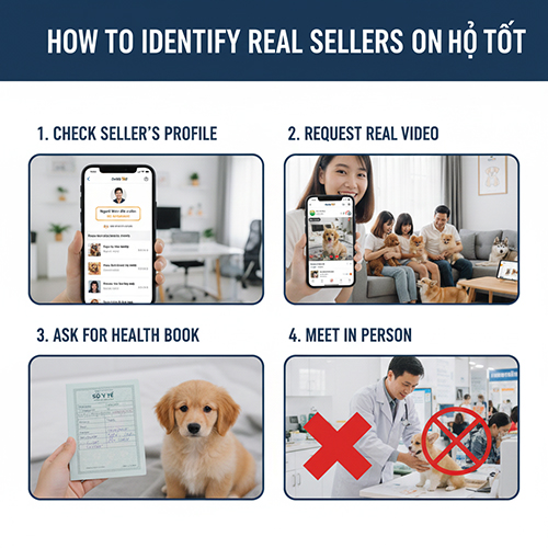 Cách nhận biết người bán chó cảnh thật trên Chợ Tốt qua hồ sơ, video và sổ y tế