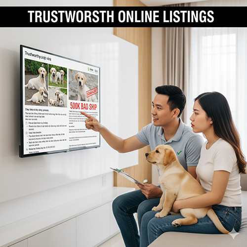 Gia đình trẻ ngồi xem tin rao bán chó Labrador trên màn hình lớn, người chồng chỉ vào mục đáng ngờ khi thấy quảng cáo 500k bao ship