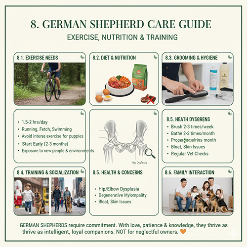 Ảnh tổng hợp 6 mục: vận động, dinh dưỡng, vệ sinh – grooming, huấn luyện, sức khỏe và tương tác gia đình của chó Becgie Đức