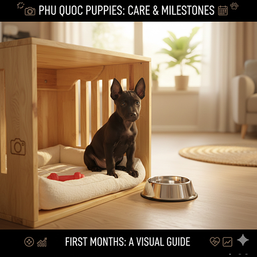 Chó Phú Quốc con ngồi trong chuồng gỗ nhỏ – minh họa giai đoạn nuôi và chăm sóc đặc biệt từ 0–3 tháng