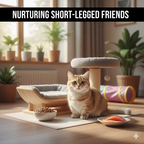 Mèo Munchkin màu vàng ngồi cạnh bát thức ăn và miếng cá hồi trong không gian phòng khách sáng sủa, xung quanh có đồ chơi và giường mèo – biểu tượng cho lối sống khỏe mạnh và chăm sóc đúng cách.