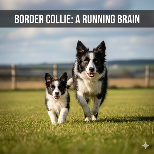 chó border collie trưởng thành và chó border collie con chạy trên bãi cỏ minh họa cách nuôi border collie đúng cách