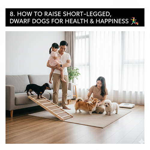 Gia đình chơi với chó chân ngắn trong phòng khách, có cầu thang dốc hỗ trợ – minh họa cách nuôi chó chân ngắn khỏe mạnh