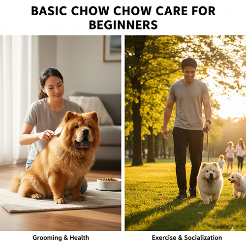 Chó Chow Chow được chải lông trong nhà và Chow Chow trắng đi dạo ngoài công viên cùng chủ, minh họa cách chăm và vận động cơ bản
