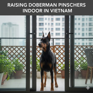 Chó Doberman Pinscher đứng trong nhà nhìn ra ban công chung cư, nuôi indoor tại Việt Nam