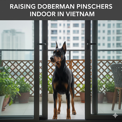 Chó Doberman Pinscher đứng trong nhà nhìn ra ban công chung cư, nuôi indoor tại Việt Nam