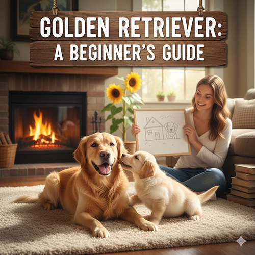 Chó Golden Retriever trưởng thành và chó con bên lò sưởi — hình minh họa cho bài hướng dẫn nuôi Golden cho người mới
