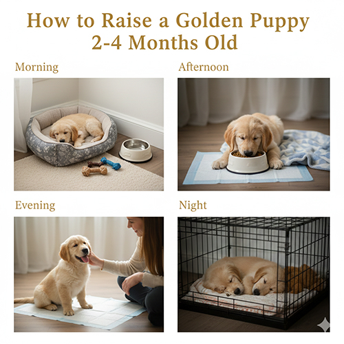 cách nuôi chó Golden con 2–4 tháng tuổi trong nhà theo từng thời điểm trong ngày