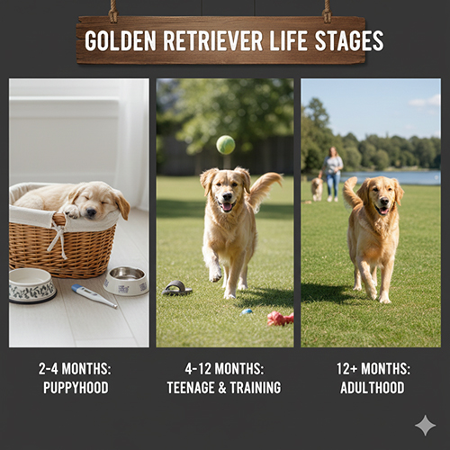Ba giai đoạn phát triển của chó Golden Retriever: 2–4 tháng, 4–12 tháng và trên 12 tháng, minh họa nhu cầu nuôi dưỡng theo tuổi