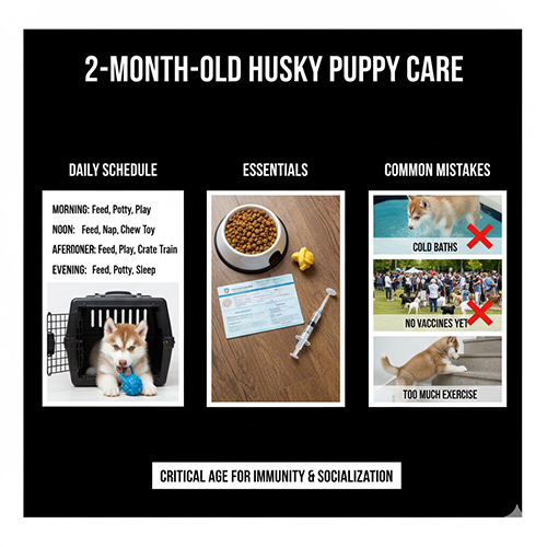 Hướng dẫn cách nuôi chó Husky 2 tháng tuổi: lịch sinh hoạt, đồ dùng cần thiết và những sai lầm thường gặp.